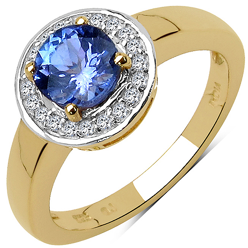 18K Yellow Gold Plated 2.80 Carat Genuine Tanzanite & White Topaz .925 Sterling Silver Ring