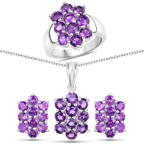 Amethyst-6.80 Carat Genuine Amethyst .925 Sterling Silver 3 Piece Jewelry Set (Ring, Earrings, and Pendant w/ Chain)