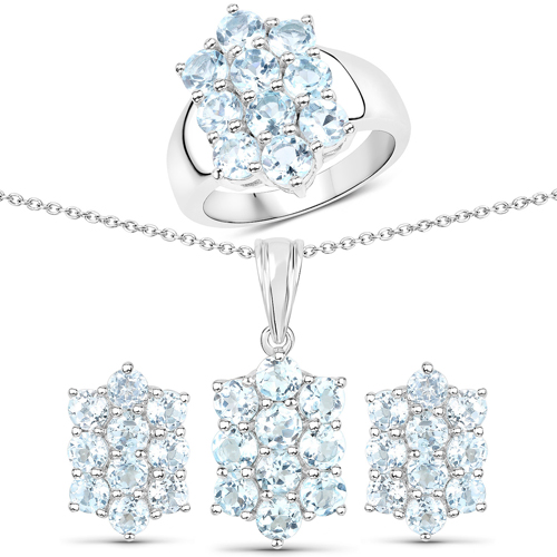 Jewelry Sets-8.80 Carat Genuine Blue Topaz .925 Sterling Silver 3 Piece Jewelry Set (Ring, Earrings, and Pendant w/ Chain)