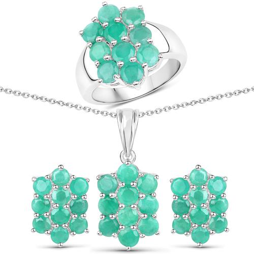 Emerald-6.60 Carat Genuine Emerald .925 Sterling Silver 3 Piece Jewelry Set (Ring, Earrings, and Pendant w/ Chain)