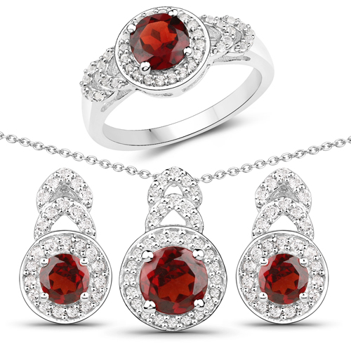 Garnet-3.20 Carat Genuine Garnet and White Topaz .925 Sterling Silver 3 Piece Jewelry Set (Ring, Earrings, and Pendant w/ Chain)