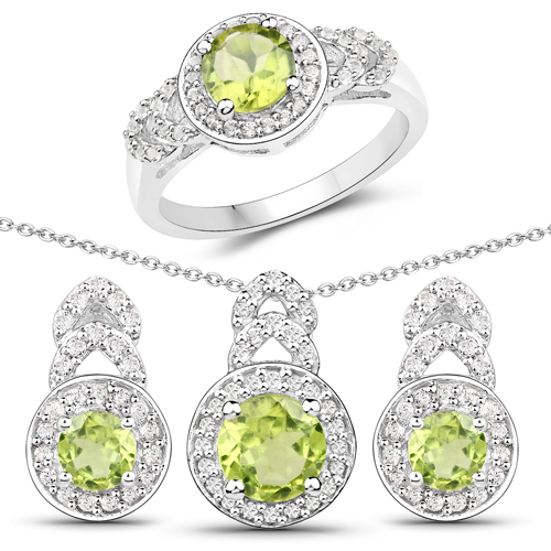 Peridot-2.68 Carat Genuine Peridot and White Topaz .925 Sterling Silver 3 Piece Jewelry Set (Ring, Earrings, and Pendant w/ Chain)
