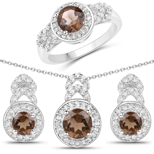 Jewelry Sets-2.56 Carat Genuine Smoky Quartz and White Topaz .925 Sterling Silver 3 Piece Jewelry Set (Ring, Earrings, and Pendant w/ Chain)
