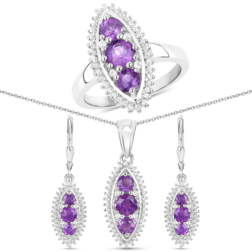 Amethyst-3.60 Carat Genuine Amethyst and White Topaz .925 Sterling Silver 3 Piece Jewelry Set (Ring, Earrings, and Pendant w/ Chain)