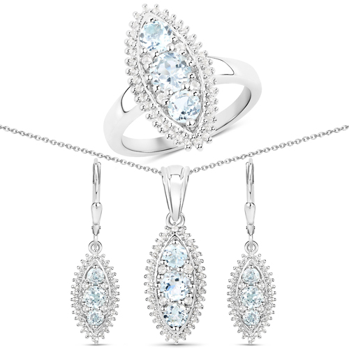Jewelry Sets-4.50 Carat Genuine Blue Topaz and White Topaz .925 Sterling Silver 3 Piece Jewelry Set (Ring, Earrings, and Pendant w/ Chain)