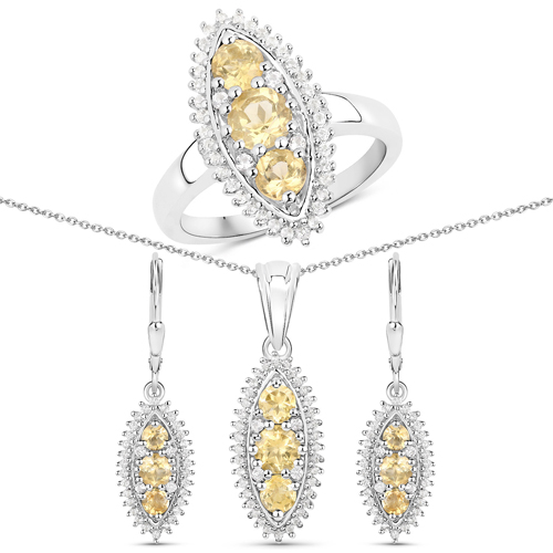 Citrine-3.58 Carat Genuine Citrine and White Topaz .925 Sterling Silver 3 Piece Jewelry Set (Ring, Earrings, and Pendant w/ Chain)