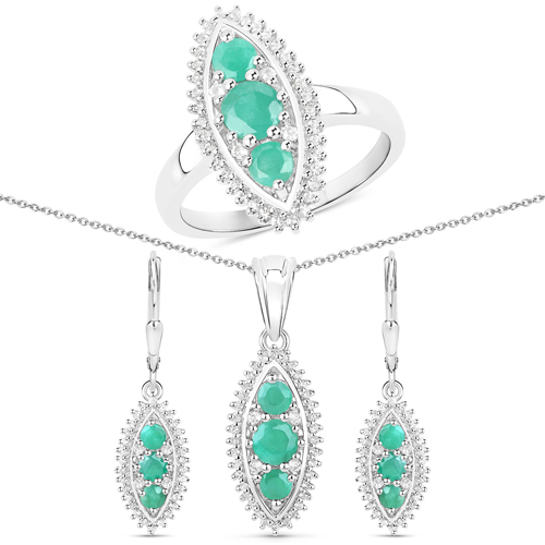 Emerald-3.54 Carat Genuine Emerald and White Topaz .925 Sterling Silver 3 Piece Jewelry Set (Ring, Earrings, and Pendant w/ Chain)