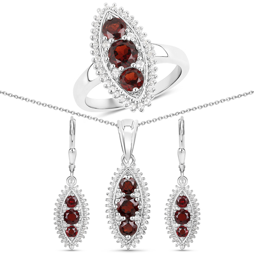 Garnet-4.38 Carat Genuine Garnet and White Topaz .925 Sterling Silver 3 Piece Jewelry Set (Ring, Earrings, and Pendant w/ Chain)