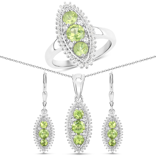 Peridot-3.76 Carat Genuine Peridot and White Topaz .925 Sterling Silver 3 Piece Jewelry Set (Ring, Earrings, and Pendant w/ Chain)