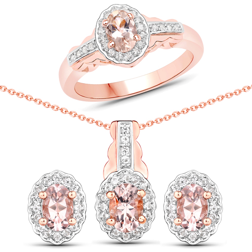 Jewelry Sets-1.98 Carat Genuine Morganite and White Topaz .925 Sterling Silver 3 Piece Jewelry Set (Ring, Earrings, and Pendant w/ Chain)