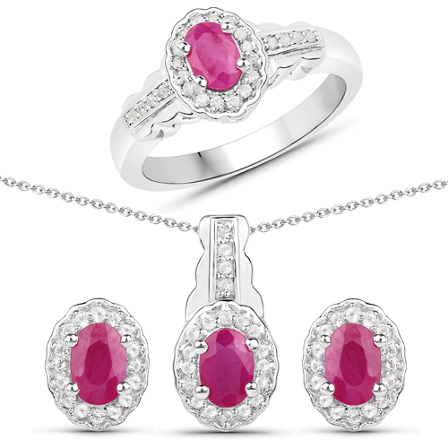 Ruby-2.46 Carat Genuine Ruby and White Topaz .925 Sterling Silver 3 Piece Jewelry Set (Ring, Earrings, and Pendant w/ Chain)