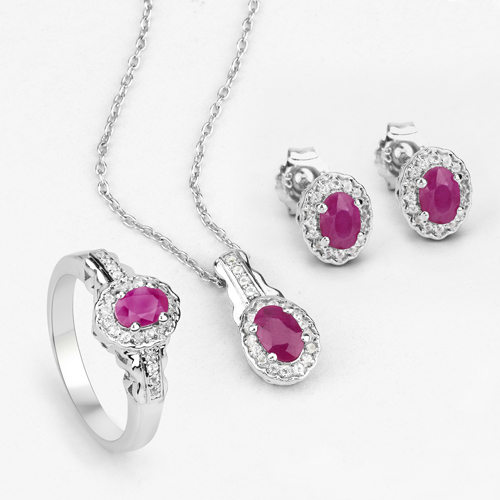 2.46 Carat Genuine Ruby and White Topaz .925 Sterling Silver Jewelry Set