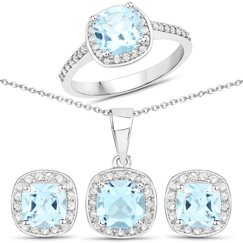 Jewelry Sets-6.75 Carat Genuine Blue Topaz and White Topaz .925 Sterling Silver 3 Piece Jewelry Set (Ring, Earrings, and Pendant w/ Chain)