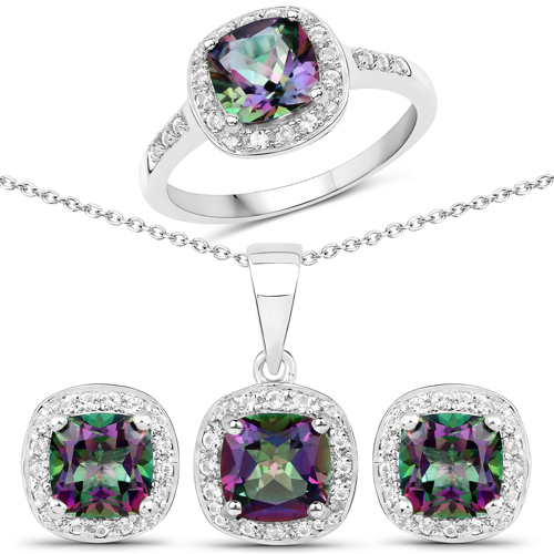 Jewelry Sets-8.47 Carat Genuine Rainbow Quartz and White Topaz .925 Sterling Silver 3 Piece Jewelry Set (Ring, Earrings, and Pendant w/ Chain)