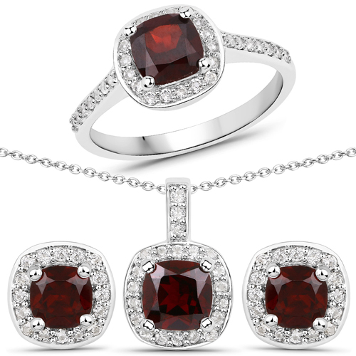 Garnet-4.59 Carat Genuine Garnet and White Topaz .925 Sterling Silver 3 Piece Jewelry Set (Ring, Earrings, and Pendant w/ Chain)