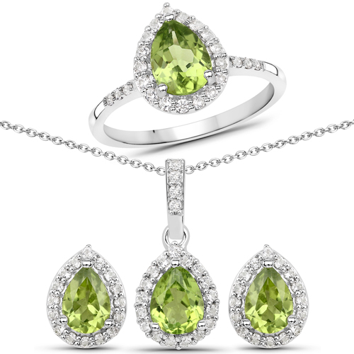 Peridot-4.60 Carat Genuine Peridot and White Topaz .925 Sterling Silver 3 Piece Jewelry Set (Ring, Earrings, and Pendant w/ Chain)