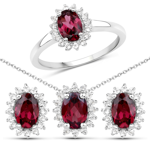 Rhodolite-3.70 Carat Genuine Rhodolite Garnet and White Topaz .925 Sterling Silver 3 Piece Jewelry Set (Ring, Earrings, and Pendant w/ Chain)