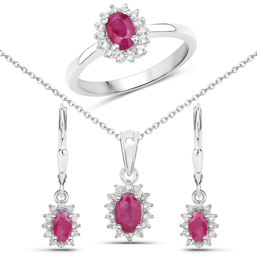 Ruby-2.36 Carat Genuine Ruby and White Topaz .925 Sterling Silver 3 Piece Jewelry Set (Ring, Earrings, and Pendant w/ Chain)