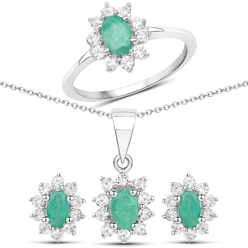 Emerald-2.78 Carat Genuine Emerald and White Topaz .925 Sterling Silver 3 Piece Jewelry Set (Ring, Earrings, and Pendant w/ Chain)