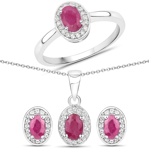 Ruby-1.89 Carat Genuine Ruby and White Topaz .925 Sterling Silver 3 Piece Jewelry Set (Ring, Earrings, and Pendant w/ Chain)