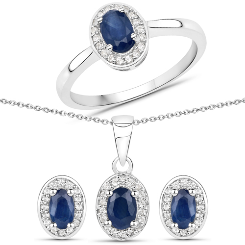 Sapphire-1.71 Carat Genuine Blue Sapphire and White Topaz .925 Sterling Silver 3 Piece Jewelry Set (Ring, Earrings, and Pendant w/ Chain)