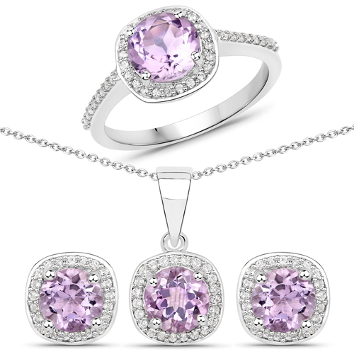 Jewelry Sets-5.02 Carat Genuine Pink Amethyst and White Topaz .925 Sterling Silver 3 Piece Jewelry Set (Ring, Earrings, and Pendant w/ Chain)