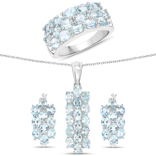 Jewelry Sets-9.88 Carat Genuine Blue Topaz .925 Sterling Silver 3 Piece Jewelry Set (Ring, Earrings, and Pendant w/ Chain)