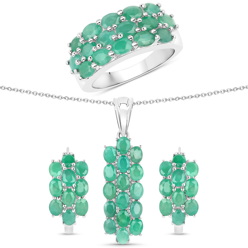 Emerald-7.28 Carat Genuine Emerald .925 Sterling Silver 3 Piece Jewelry Set (Ring, Earrings, and Pendant w/ Chain)