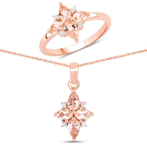 Jewelry Sets-1.44 Carat Genuine Morganite and Created Sapphire .925 Sterling Silver Jewelry Set