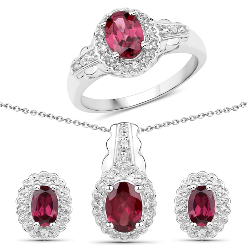 Rhodolite-2.98 Carat Genuine Rhodolite Garnet and White Topaz .925 Sterling Silver 3 Piece Jewelry Set (Ring, Earrings, and Pendant w/ Chain)