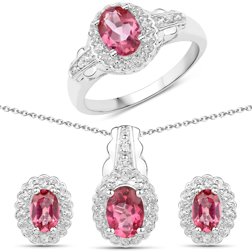 Jewelry Sets-2.76 Carat Genuine Pink Topaz and White Topaz .925 Sterling Silver 3 Piece Jewelry Set (Ring, Earrings, and Pendant w/ Chain)