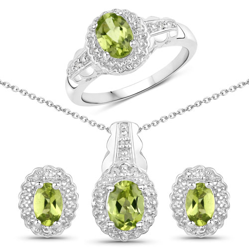 Peridot-2.60 Carat Genuine Peridot and White Topaz .925 Sterling Silver Jewelry Set (Ring, Earrings, and Pendant w/ Chain)