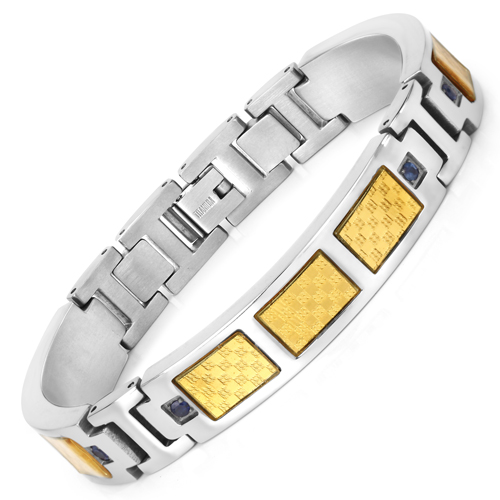 Bracelets-Mens Titanium Bracelet, Titanium Mens Bracelet with Gold Plated Steel Inlay, 0.48ctw. Natural Blue Sapphire Rounds