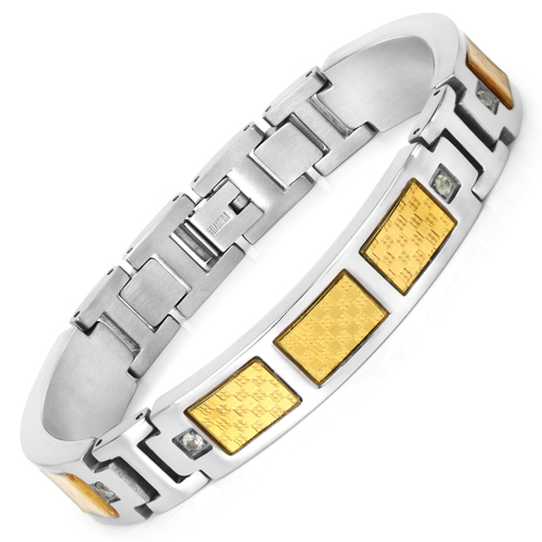 Bracelets-Mens Titanium Bracelet, Titanium Mens Bracelet with Gold Plated Steel Inlay, 0.48ctw. Natural Green Sapphire Rounds