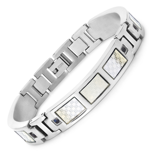 Bracelets-Mens Titanium Bracelet, Titanium Mens Bracelet with Silver Plated Steel Inlay, 0.48ctw. Natural Blue Sapphire Rounds