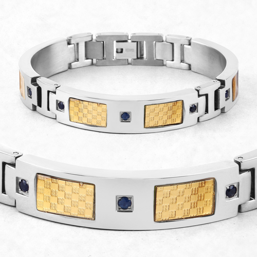 Mens Titanium Bracelet, Titanium Mens Bracelet with Gold Plated Steel Inlay, 0.72ctw. Natural Blue Sapphire Rounds