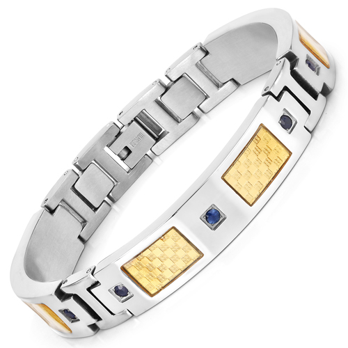 Bracelets-Mens Titanium Bracelet, Titanium Mens Bracelet with Gold Plated Steel Inlay, 0.72ctw. Natural Blue Sapphire Rounds