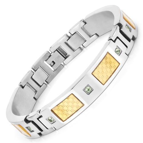 Bracelets-Titanium Men's Bracelet, Mens Titanium Bracelet with Gold Plated Steel Inlay, 0.72ctw. Natural Green Sapphire Rounds