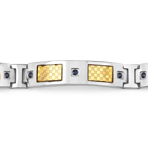 Mens Titanium Bracelet, Titanium Mens Bracelet with Gold Plated Steel Inlay, 0.72ctw. Natural Blue Sapphire Rounds