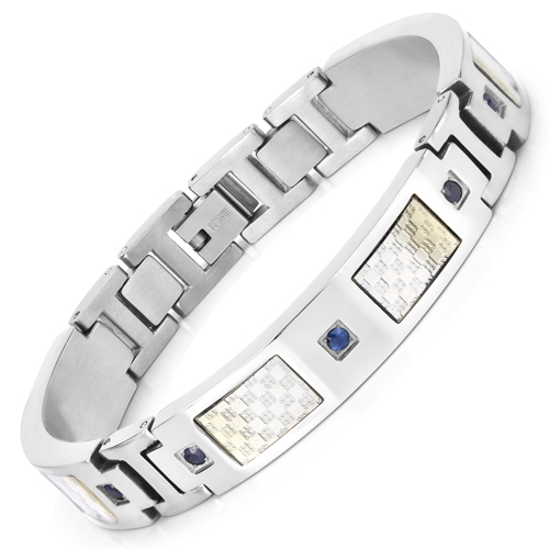 Bracelets-Titanium Men's Bracelet, Mens Titanium Bracelet with Silver Plated Steel Inlay, 0.72ctw. Natural Blue Sapphire Rounds