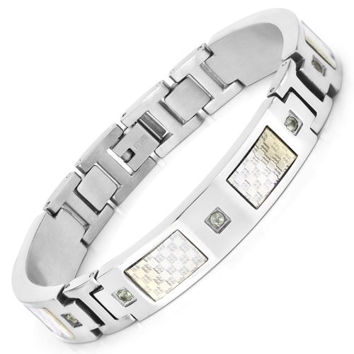 Bracelets-Mens Titanium Bracelet, Titanium Mens Bracelet with Silver Plated Steel Inlay, 0.72ctw. Natural Green Sapphire Rounds