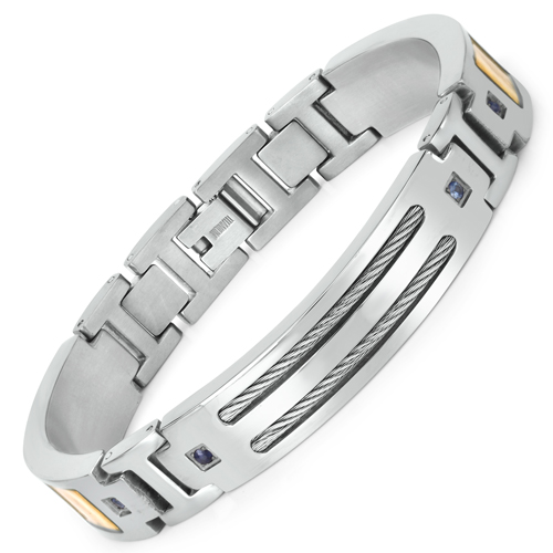 Bracelets-Titanium Men's Bracelet, Mens Titanium Bracelet with Gold Plated Steel Inlay, 0.48ctw. Natural Blue Sapphire Rounds
