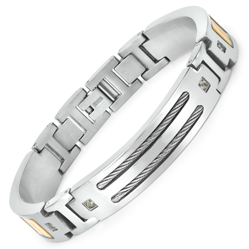 Bracelets-Titanium Men's Bracelet, Mens Titanium Bracelet with Gold Plated Steel Inlay, 0.48ctw. Natural Green Sapphire Rounds