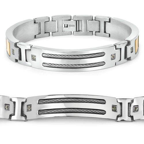 Titanium Men's Bracelet, Mens Titanium Bracelet with Gold Plated Steel Inlay, 0.48ctw. Natural Green Sapphire Rounds