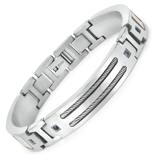 Bracelets-Titanium Men's Bracelet, Mens Titanium Bracelet with Silver Plated Steel Inlay, 0.48ctw. Natural Blue Sapphire Rounds