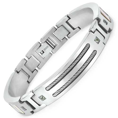 Bracelets-Titanium Men's Bracelet, Mens Titanium Bracelet with Silver Plated Steel Inlay, 0.48ctw. Natural Green Sapphire Rounds