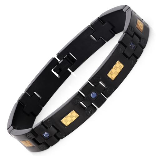 Bracelets-Black Titanium Men's Bracelet, Mens Titanium Bracelet with Gold Plated Steel Inlay, 0.56ctw. Natural Blue Sapphire Rounds