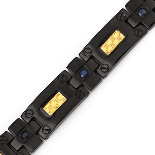 Black Titanium Men's Bracelet, Mens Titanium Bracelet with Gold Plated Steel Inlay, 0.56ctw. Natural Blue Sapphire Rounds