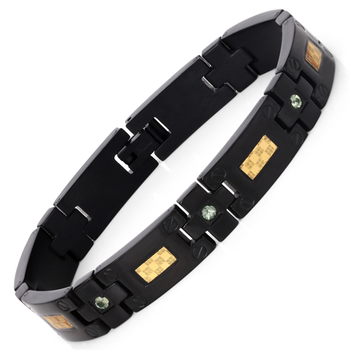 Bracelets-Black Titanium Men's Bracelet, Mens Titanium Bracelet with Gold Plated Steel Inlay, 0.56ctw. Natural Green Sapphire Rounds