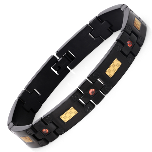 Bracelets-Black Titanium Men's Bracelet, Mens Titanium Bracelet with Gold Plated Steel Inlay, 0.56ctw. Natural Orange Sapphire Round